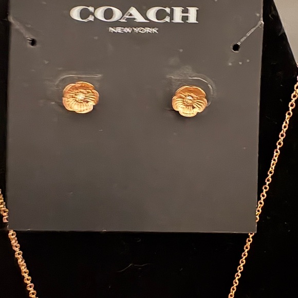 Coach Open Circle Rose Gold Necklace with Tea Rose Earrings - Picture 3 of 6